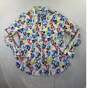 The Shirt by Rochelle Behrens Women's Medium White Blue Heart Boyfriend Shirt